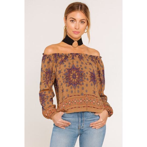 Misa Los Angeles Tops - MISA Los Angeles Francesca Off Shoulder Boho Top Small Tumeric Brown Blue Red